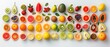 A variety of fruits are arranged in a row on a white background.