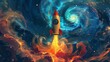 A charming depiction of a space-themed wallpaper featuring a whimsical cartoon rocket exploring a captivating galaxy filled with swirling colors and celestial wonders