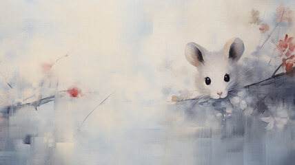 Wall Mural - white mouse, spring art work painting in impressionism style, light background white and blue shade design, background copy space