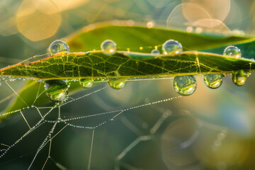 Wall Mural - close-up views of dew drops clinging to the edges of leaves or spiderwebs in the early morning light