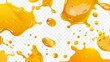 A realistic set of modern liquid puddles and drops of orange, lemon or mango juice isolated on a transparent background.