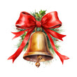 Watercolor Christmas golden bell with red bow isolated on white background.