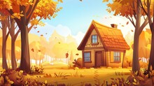 An Autumn Landscape With A Wooden Cottage In The Forest