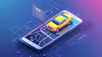 Banner for an online taxi service with an isometric illustration of a yellow car on a smartphone screen with a map.