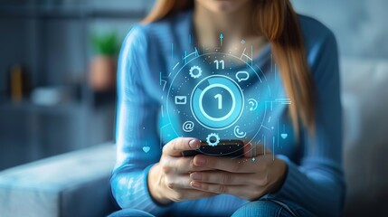 Poster - In this image, a girl holds a smartphone and presses the icon to access 24-hour support. The concept of support is embodied in this image.
