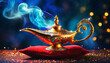 © Alberto Masnovo - Close-up of a golden magic genie lamp emitting blue smoke standing on a red pillow against a dark background with copy space. Concept of wealth, desires, luck and magic. Generative Ai.