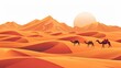 A desert scene with sand dunes in simple flat vector illustration style. A caravan or herd walking across a large area towards distant mountains in a minimalist design style.