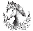 Male Horse in floral crown Sketch in Black and White
