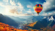 painting of Colorful hot air balloons fly over the mountains, in forest and blue sky with clouds.