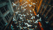 White Doves Flying Over Crowded City Street at Sunset