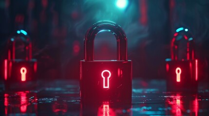 Poster - A closed lock is in the center. Two hacked locks surround it. Data protection, virus protection, and network security concepts.