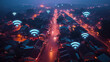 Bird's Eye View of a Small Town Lit by Wifi Signals at Night