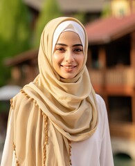 A woman wearing a tan scarf with a smile on her face