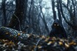 A creepy figure is standing in a forest with glowing eyes