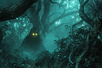 Wall Mural - A scary monster with glowing eyes is hiding in the dark woods