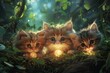 trio of adventurous kittens embarking on a quest to find the legendary yarn ball hidden deep in the enchanted forest