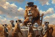 A lion wearing a top hat and monocle, hosting a tea party for a group of meerkats in the middle of the savannah