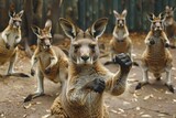 Fototapeta  - kangaroo kickboxing class for other marsupials, teaching them self-defense moves with expert skill