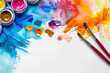 Colorful watercolor background with paintbrush and colorpots on white paper, copy space for text. Artistic creative design template. Watercolour painting. Color splashes, brush strokes. Flat lay