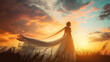 Romantic Sunset Scene with a Bride Against a Picturesque Sky