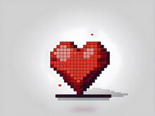 Elegant Red Pixel Art Heart Shape Love Isolated On Grey Background With Shadow Concept