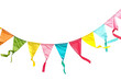 A cheerful string of multicolored triangular party bunting flags. isolated on white background