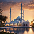 Architectural splendor of a mosque bathed in the first light of day with generative ai