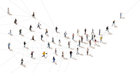 aerial view on crowd of people in motion connected with line symbolizing communication in modern wor