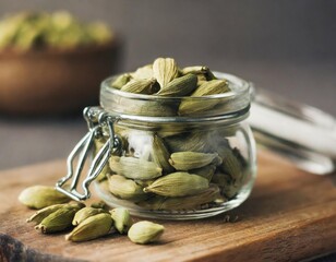 Cardamom - Close up shot of Cardamom in an open Glass Jar