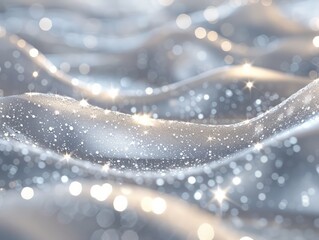 Poster - A snowy landscape with a silver fabric draped over it. The fabric is covered in glitter, giving it a sparkling and festive appearance. Concept of wonder and magic, as if the snow