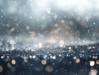 Poster - A blurry image of snowflakes falling on a dark blue background. The snowflakes are scattered all over the image, creating a sense of movement and chaos