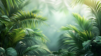 Poster - A lush green jungle with palm trees and leaves. The image has a serene and peaceful mood, with the bright green leaves and the sunlight filtering through the trees