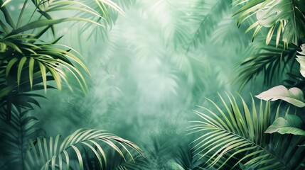 Poster - A lush green jungle with a lot of leaves and plants. The image has a serene and peaceful mood, with the green foliage creating a sense of calm and tranquility