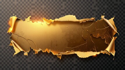 Wall Mural - Rip hole in gold metal frame with gold ragged edges. Crack border, cut damage isolated on transparent background, Three-dimensional illustration, clipart.