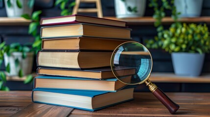 Poster - Concept of education, learning, and career development. Book stack with ladder and magnifier on desk.