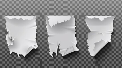 Poster - Pages with torn edge curves and gaps, ripped white sheets, teared and curled shapes and peeling elements isolated on transparent background, realistic 3d modern illustration.