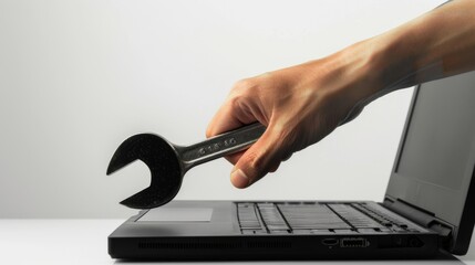 Poster - human hand displaying a wrench on a laptop screen. concept of technical support.