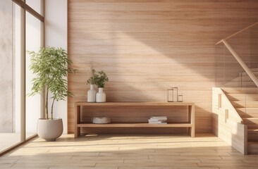 Wall Mural - Interior architecture design of wooden entrance hallway with staircase in a minimal or topical house. Generative AI.