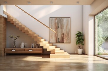 Wall Mural - Interior architecture design of wooden entrance hallway with staircase in a minimal or topical house. Generative AI.