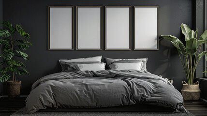 Canvas Print - A mockup of blank poster frames on the wall above bed in a dark grey room.