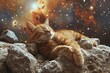 Spacefaring cat among asteroids, clear star background,