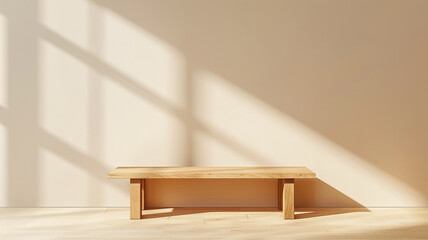 Wall Mural - A simple wooden bench sits on the floor against a light beige background