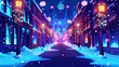 City street perspective view with neon illumination and christmas decorations. Modern megalopolis district with multistorey houses glowing with light, snowflake lamps, cartoon illustration.