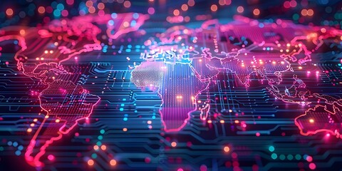 Poster - vibrant holographic world map showcasing global digital trends at tech conference