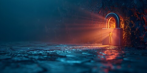 Poster - Digital Padlock with Luminous Keyhole Unlocking Secure Data in Dark Blue Background