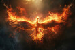 A fiery phoenix rising from the ashes against a dark, smoky backdrop ,
