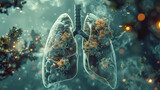 Fototapeta  - A surreal 3D animation scene of a microscopic battlefield within human lungs, where previously inhaled cigarette smoke particles join forces with invading pneumonia viruses.
