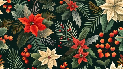 Wall Mural - Branch, berry, flower, foliage, and foliage seamless Christmas pattern