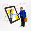 Contemporary art collage. Man with briefcase, dressed colorful retro attire shaking hands with woman standing inside tablet. Concept of business development, career growth, cooperation. Ad