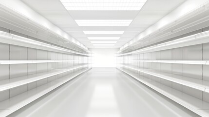 Poster - This realistic supermarket interior mockup features white shelves and an aisle between rows of retail display units.
